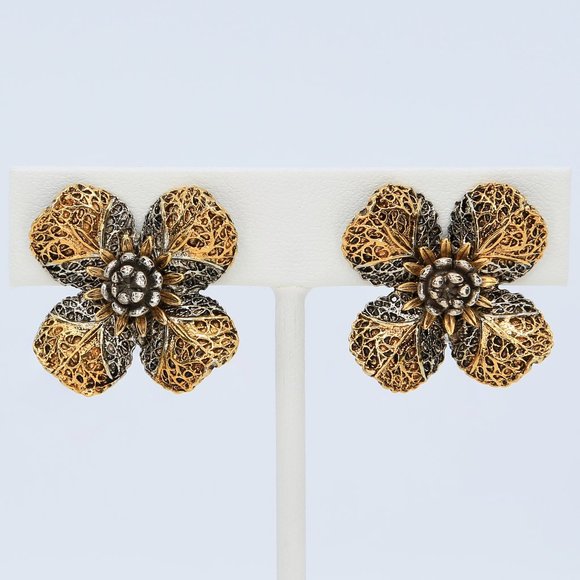 ART Jewelry - Vintage ART‎ Arthur Pepper Gold and Silver Floral Clip-On Earrings Circa 1960s